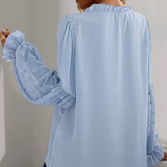 Baby Blue Casual Womens Swiss Dot Frill Trim Blouse - Picture 2 of 5